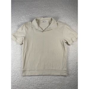 Zara Mens Ribbed Short Sleeve Polo Shirt Cream Off White Size Medium V-Neck
